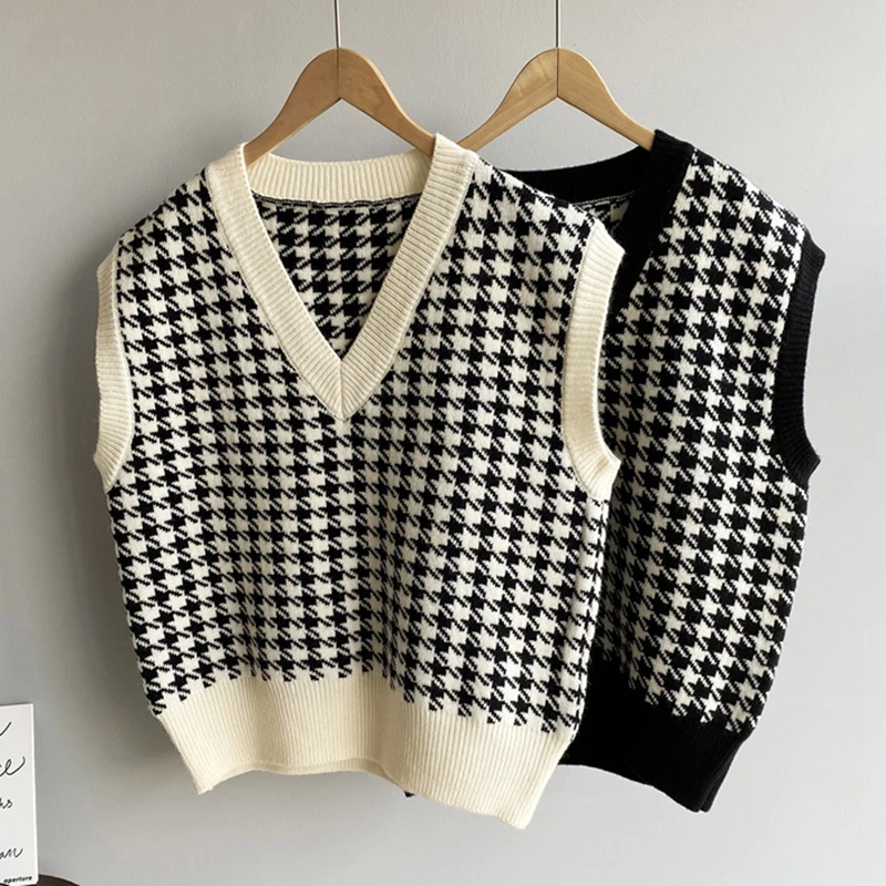 Houndstooth Plaid Knitted Sweater Vest Women Vintage Winter Pullover Women V Neck Loose Sleeveless Sweaters Waistcoat Tops 17502