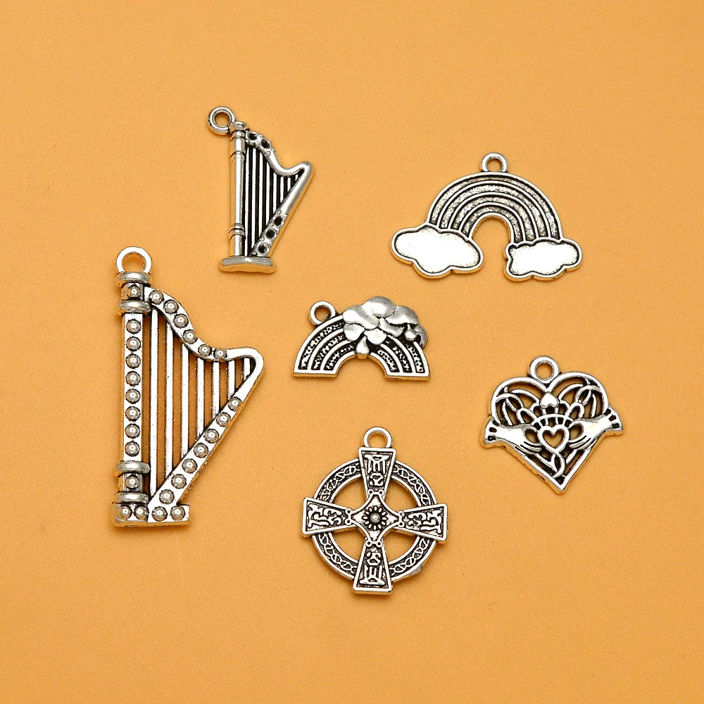 10pcs/lots St. Patrick\'s Irish Harp Charms Rainbow Celtic Cross Claddagh Symbol Pendants For Diy Jewelry Making Finding Supplies