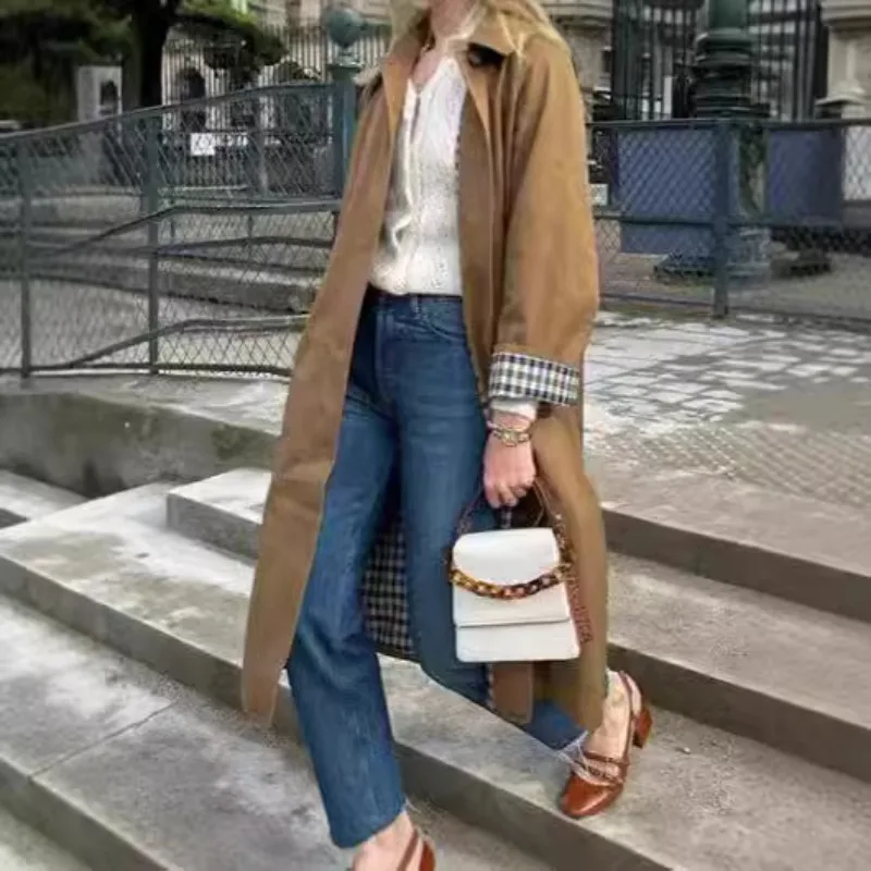 

Элегантная клетчатая длинная ветровка с лацканами, женская мода, однобортное однотонное пальто с длинными рукавами, весна 202, женская уличная верхняя одежда