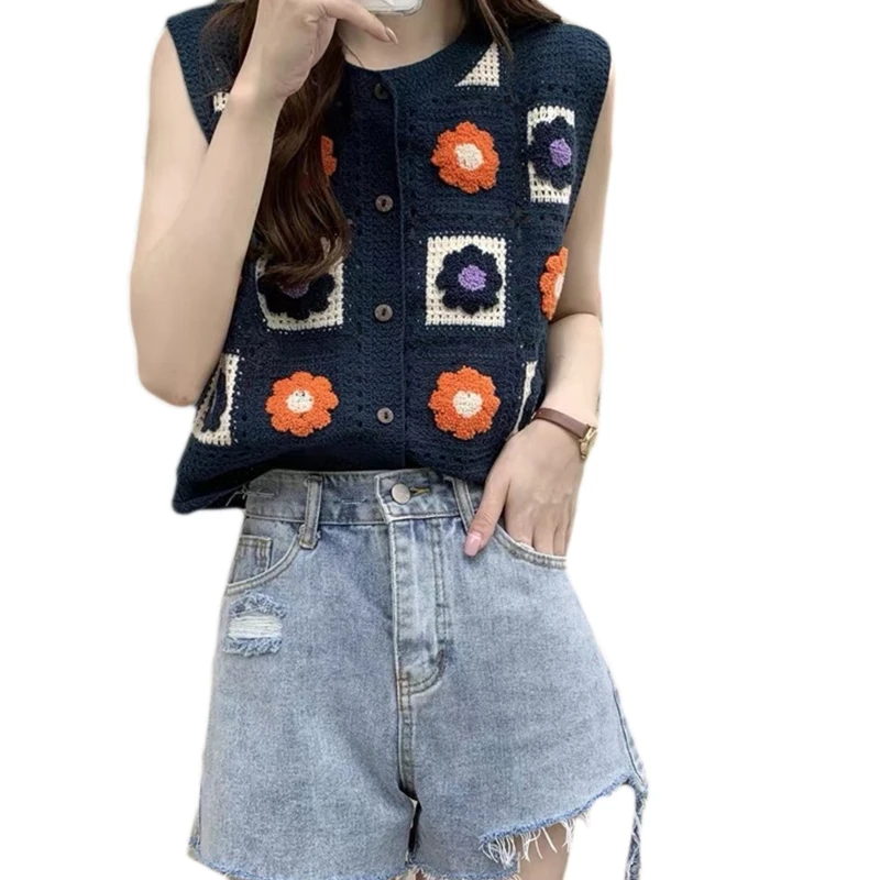 Vintage Sweet Cotton Cardigan Women Summer Sleeveless Tops Flower Crochet Vest Tops Round Collar for Young Girls Student