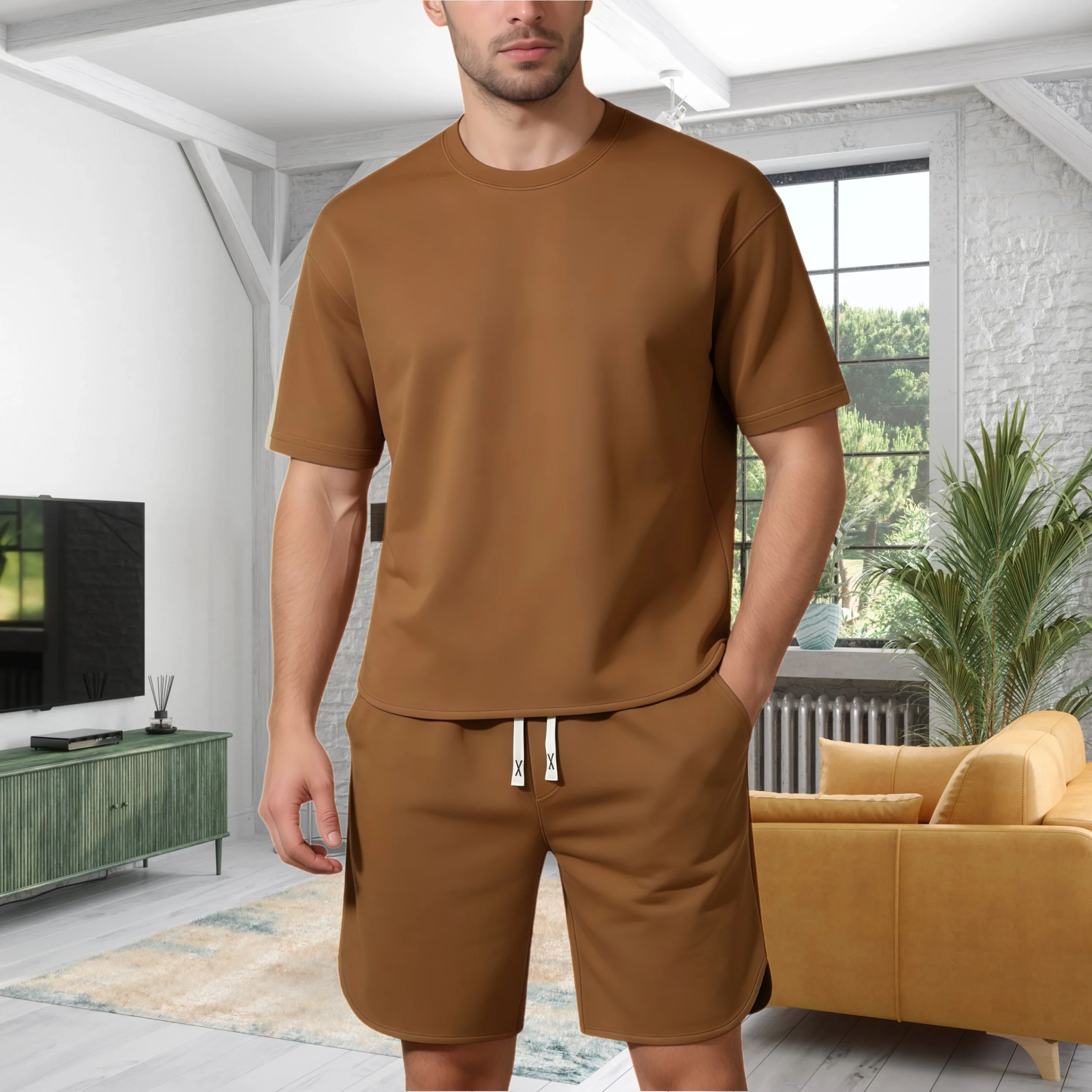 

Men's Summer Fashion Trend Sport Short Sleeve Set - T-shirt + Breathable Shorts Pure Color Two-Piece Casual Sports Camping Set