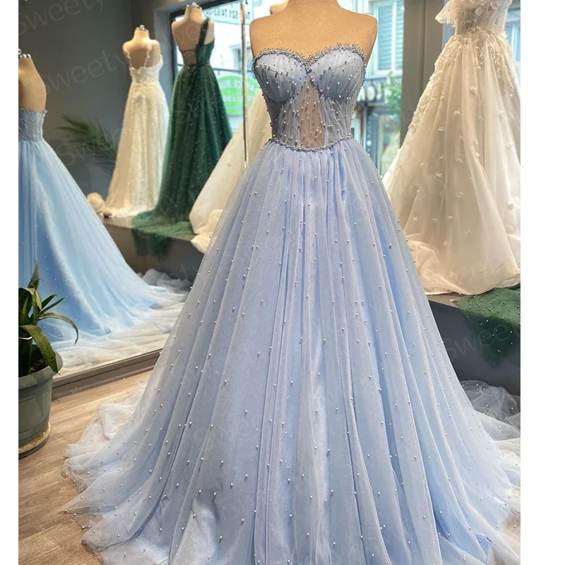 Luxurious Evening Dress Organza With Pearls Embroidery A-Line Floor Length Ball Gown Sleeveless Strapless Prom Dresses Button