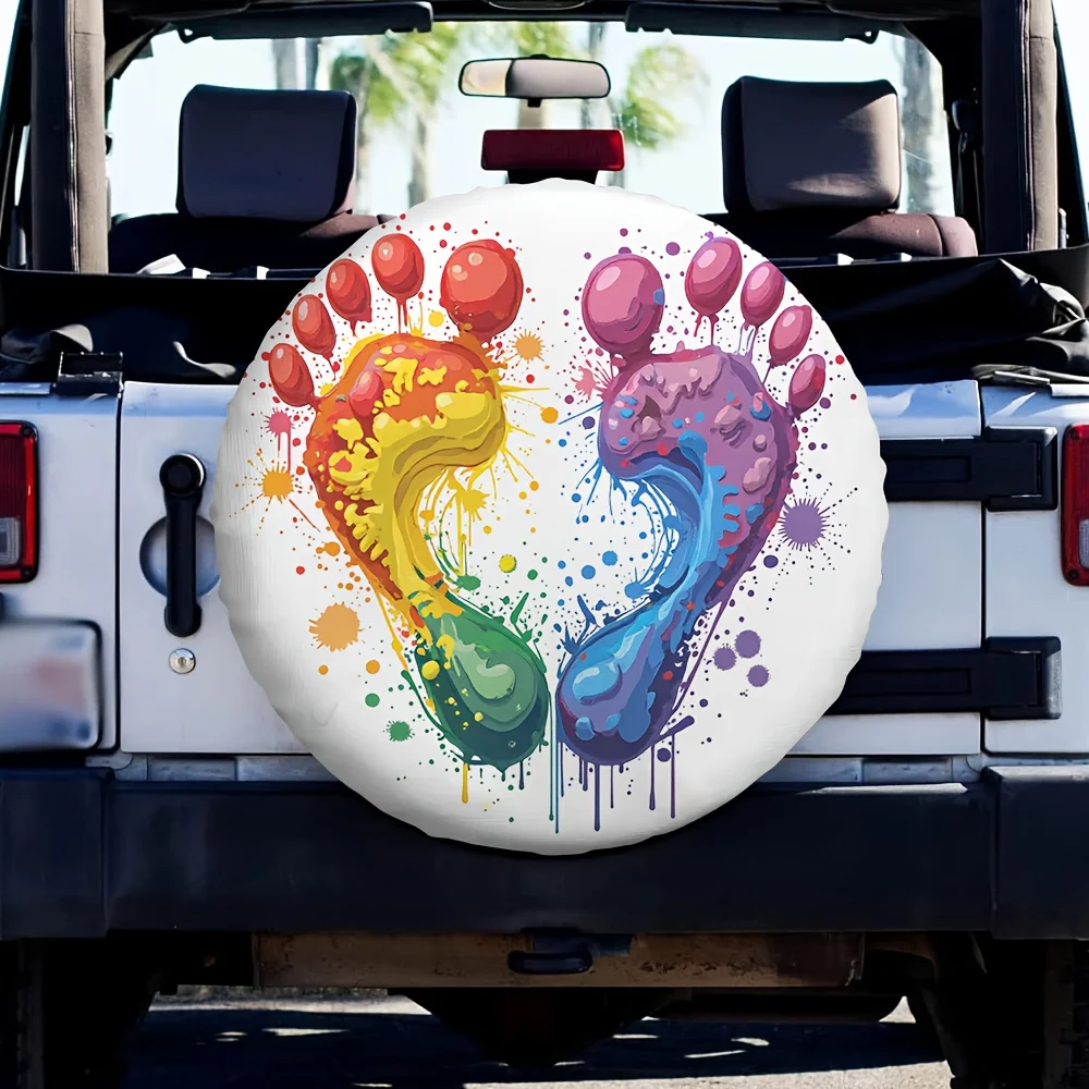 1 couvre-pneu imprimé en 2D avec des empreintes de pieds arc-en-ciel, fabriqué à 100 % en polyester, adapté à une utilisation en extérieur dans la voiture.
