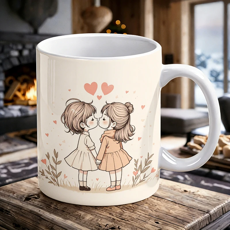 

1pcs Cute Q-version best friend kissing ceramic cup with handle, creative coffee cup, milk cup, office tea cup, drinking cup