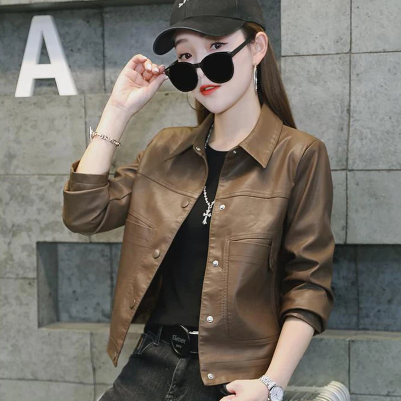 ピュアカラーのレザージャケット レディース 春秋 2024 新作 カジュアルトップス ヨーロッパ風 高級感のあるコート
