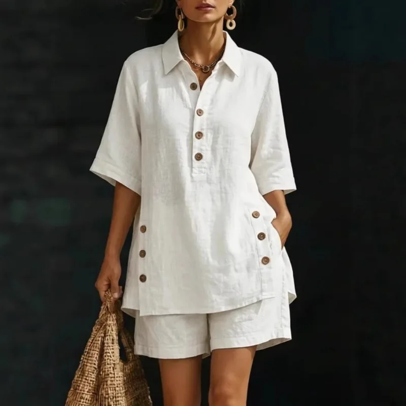 Plus Size 5Xl Solid 2 Pcs Shirt&shorts Casual Loose Lapel Top Simple Shorts Beach Summer Vacation Temperament Comfortable Suit view 4