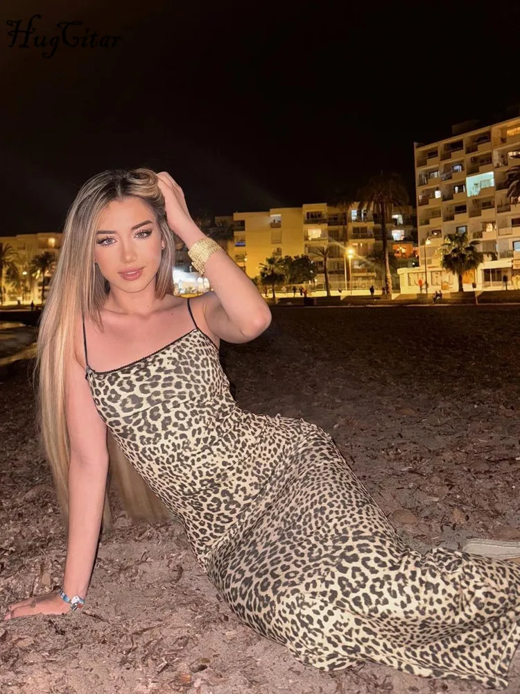 Hugcitar 2024 Fashion Leopard Print Slips Backless Sexy Bodycon Maxi Dress Summer Women Casual Clothes Beach Party Vacation Club