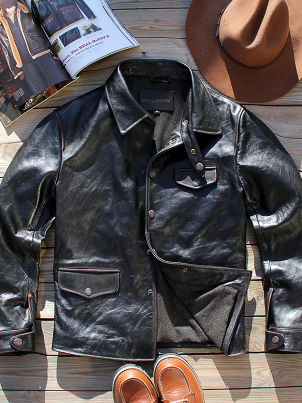 Retro Japanese Style Genuine Leather Jacket Men's Casual Railway Workwear Tea Core Cowhide Collared Coat Outerwear