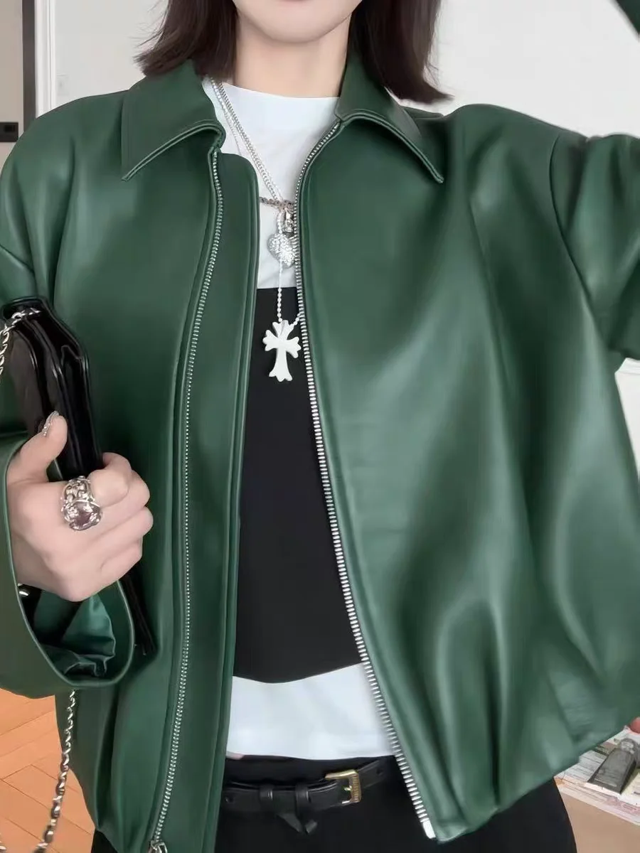 Damska kurtka motocyklowa z prawdziwej skóry bydlęcej, modna odzież wierzchnia do dojazdów do pracy, długa, zapinana na zamek, model 2025.