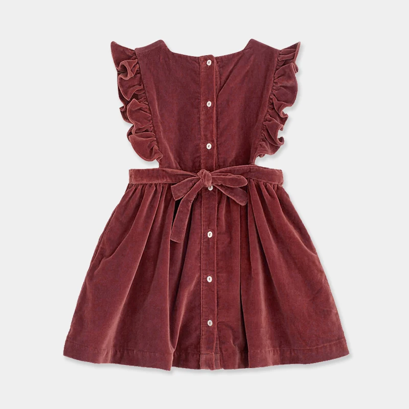 Girls Sleeveless Wooden Ear Edge Velvet Vest Dress 2023 Autumn Winter New Baby Buckle Cute Dresses Children\'s Warm Clothes