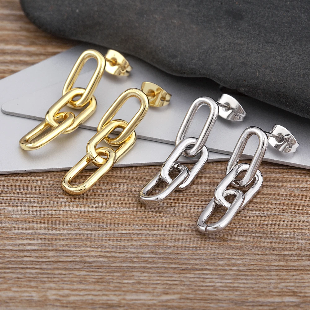 Nidin New Trend Chain Buckle Metal Classic 2 Colors Zircon Earrings Women Korean Retro Temperament Jewelry Personalized Gifts