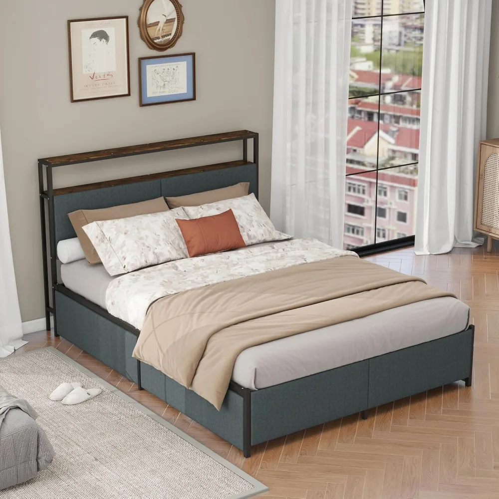 

14 Inch Queen Size Bed Frame,Industrial Metal Platform Bed Frame with 2 Tier Storage Wooden Headboard and Footboard,