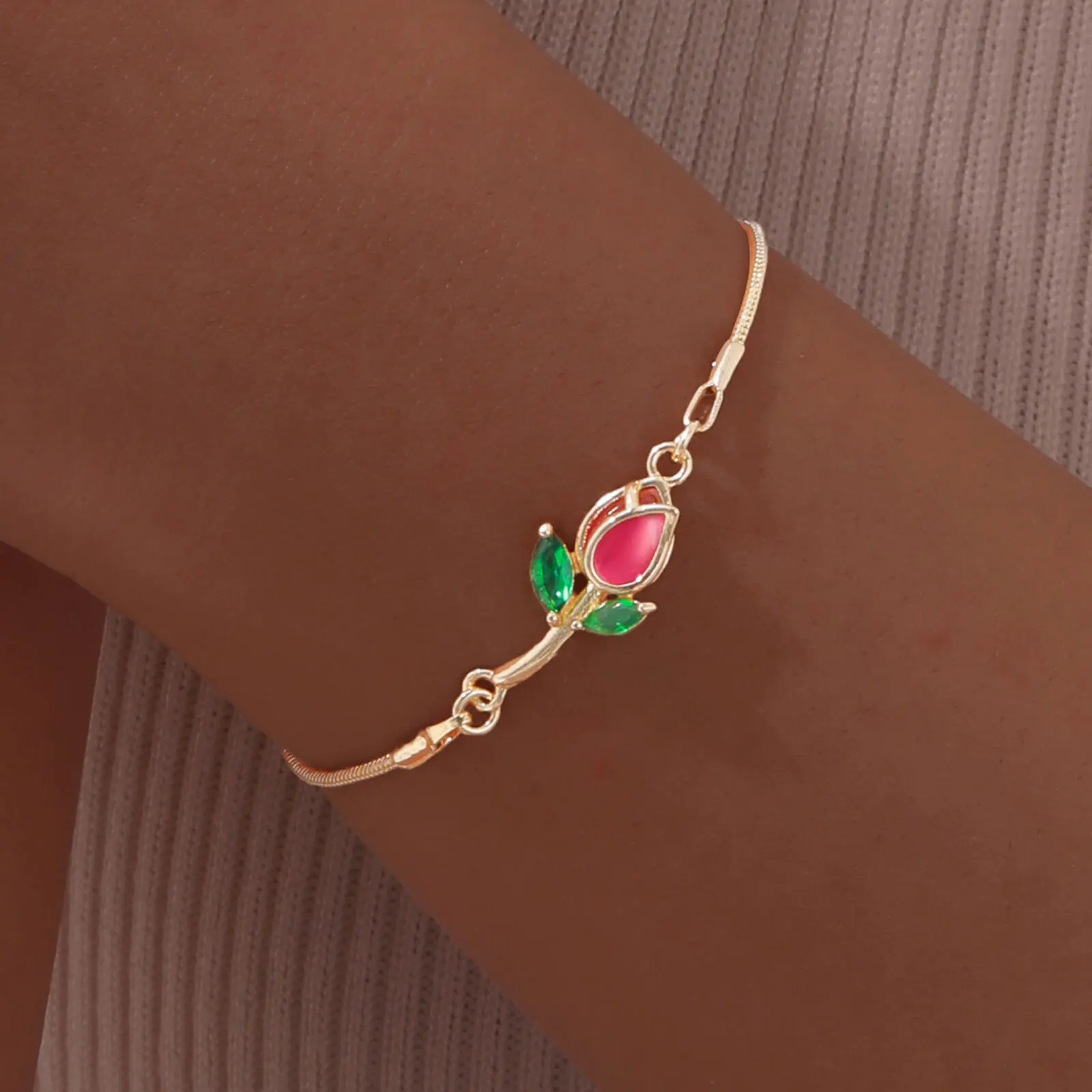 Bracelet Tulipe Rose pour Femme et Fille, Bijoux Esthétique, Fleur Colorée, Or, Document, Cadeau Colonne Vertébrale, Élégant