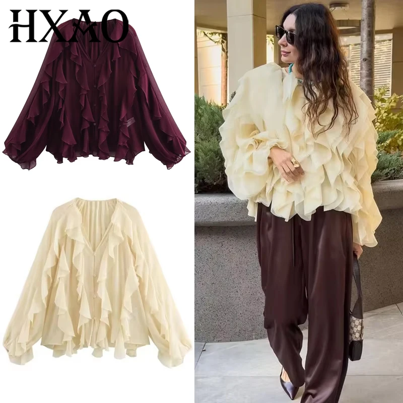 

HXAO Women's Blouse Shirts & Blouses Yellow Purple Shirts Layered Long Sleeve Top Women Tierred O-Neck Frill Blouse Casual Shirt