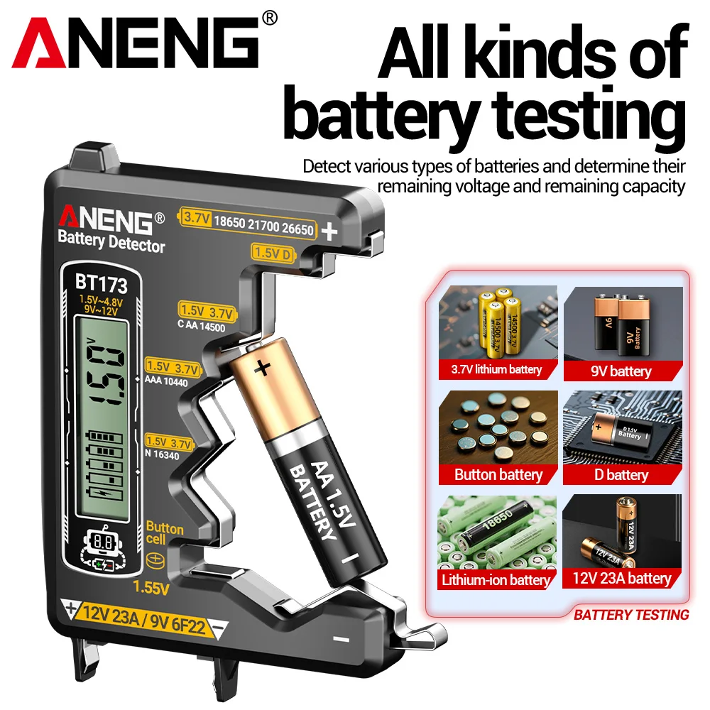 Testador detector de bateria aneng bt173, testador de bateria c d aa aaa 9v, botão de célula universal, tela dupla, ferramentas de teste