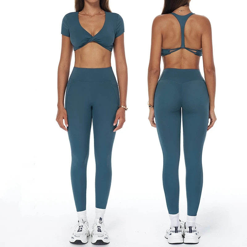 

Yoga Set 2PCS Sports Suit Gym High Waist Leggings Women Clothes Fitness Tracksuit Workout Short Sleeve Top Yoga Bra Sportswear