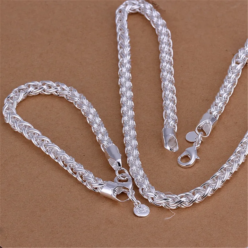 Modische 925 Sterling Silber 6MM Gedrehte Kreisketten-Armband-Halsketten-Schmucksets für Damen und Herren Klassisches Mode-Party-Geschenk – Detail 1