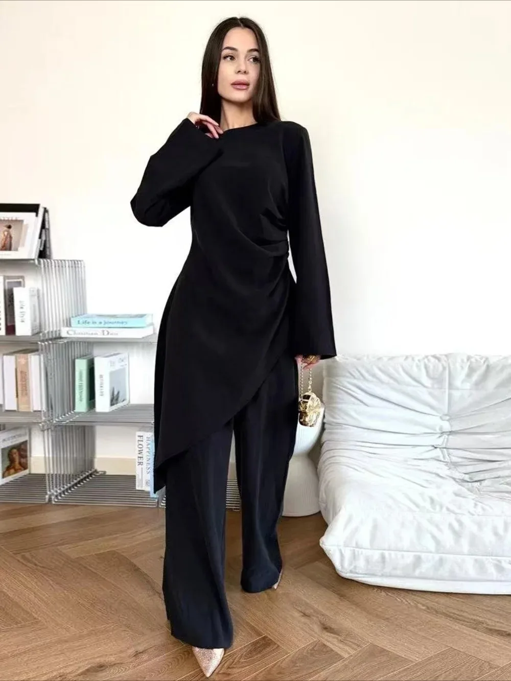 

Eid Women 2 Piece Set Long Shirt Wide Leg Pant Muslim Sets Abaya Ramadan Arab Long Robe Morocco Kaftan Outfits Suits 2025
