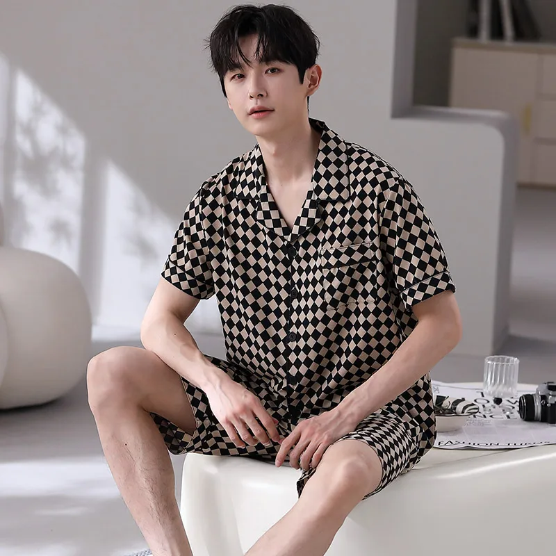 Pajama men\'s summer 2024 new four-sided elastic cool silk thin plaid small short-sleeved cardigan small lapel home clothes