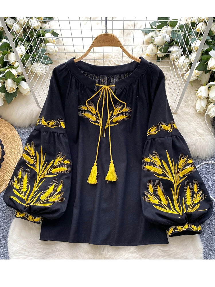 

Женская весенне-осенняя блузка в этническом стиле с вышивкой на шнуровке и круглым вырезом с рукавами-фонариками Blusa, свободная повседневная рубашка-база BL099