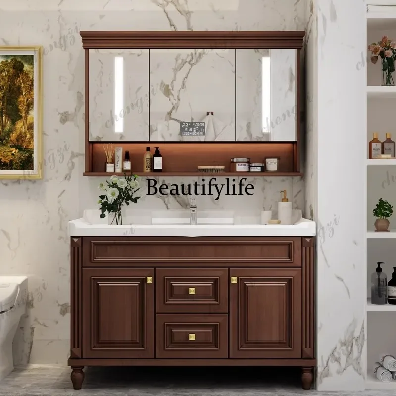 M02 Solid Oak American-Style Bathroom Vanity with Ceramic Integrated Modern Smart Mirror Included Handwashing Basin Furniture