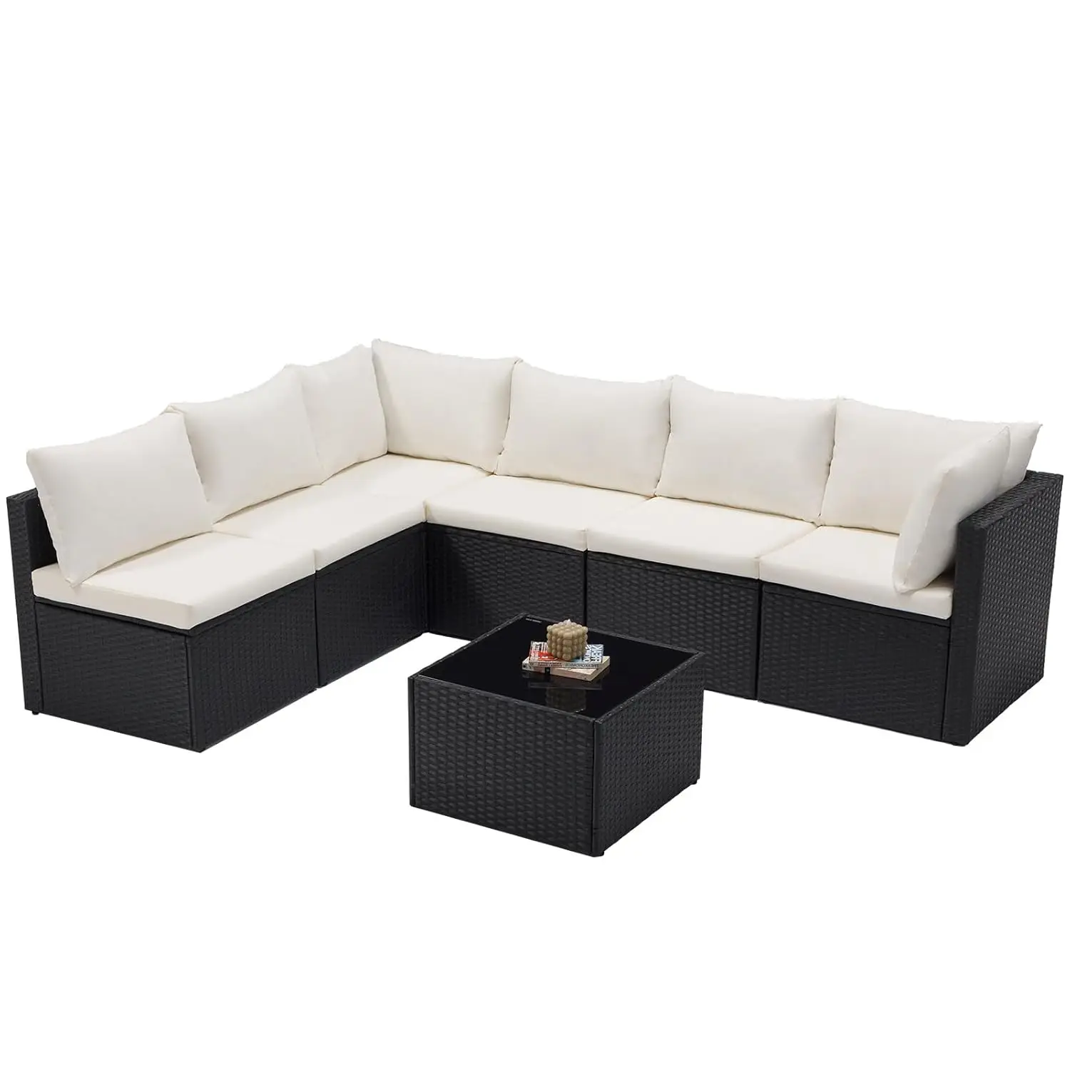 

7pc PE Rattan Sectional Sofa 2.8in Cushions Glass Table Adjustable Feet Garden Backyard Customized