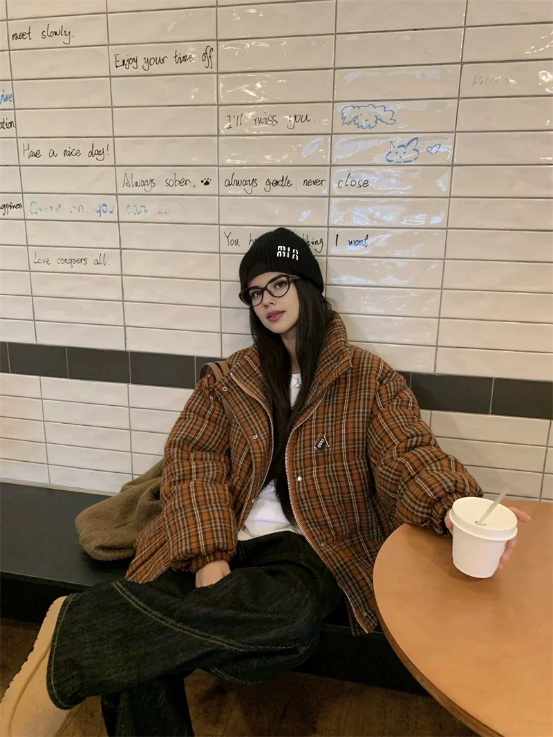 Women Winter Vintage Plaid Cotton Coats Korean Streetwear Fashion Thick Warm Bread Jackets Mori Kei Clothes