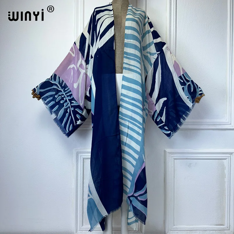 WINYI kimono Bohemia print cardigan abaya dubai luxury Elegant beach outfits cover-up sexy cotton feeling kaftan dresses womens