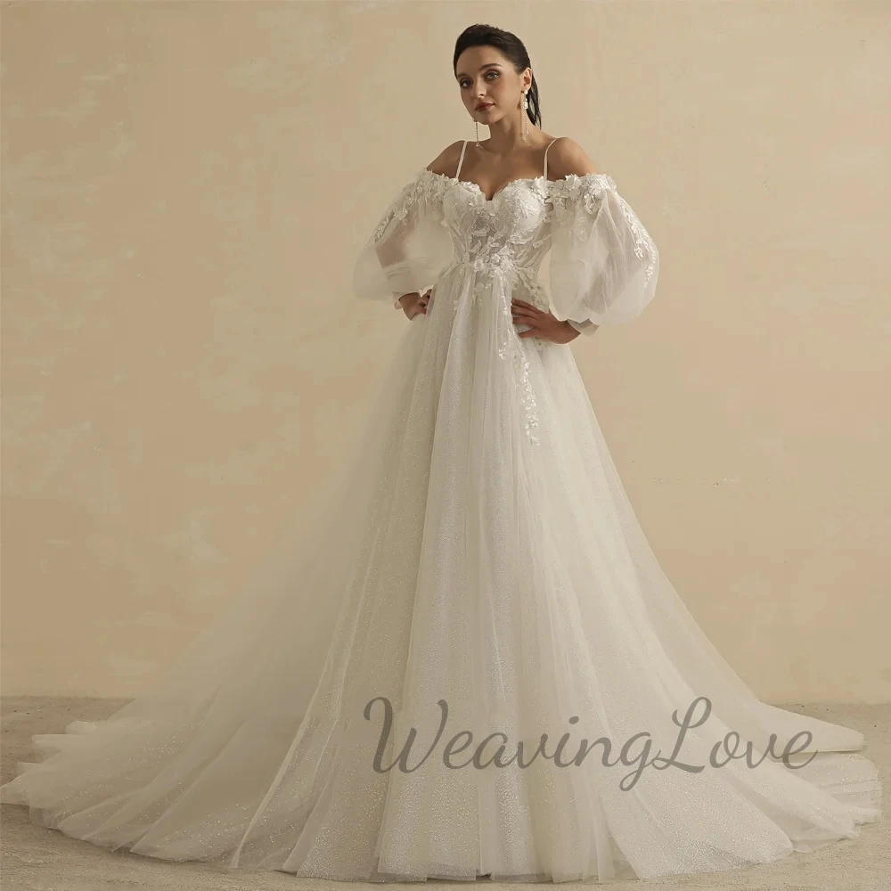 2023 Exquisite  Floor Length A Line Wedding Dress For Bride Wedding Gown Detachable Full Sleeves One Piece Dress Women Custom