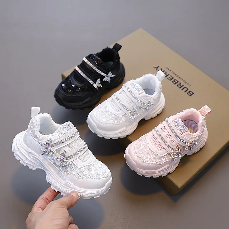 

new children's dad shoes girls rhinestone bow breathable mesh sneakers Velcro soft-soled trendy shoes shoes for kids girl shoes