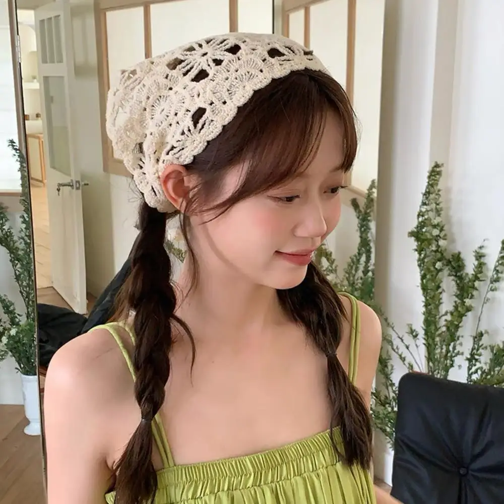 Ikat Kepala Jilbab Segitiga Gaya Pastoral Perancis Syal Rambut Rajutan Handuk Ikat Kepala Rajutan Berongga Ikat Rambut Bunga Retro
