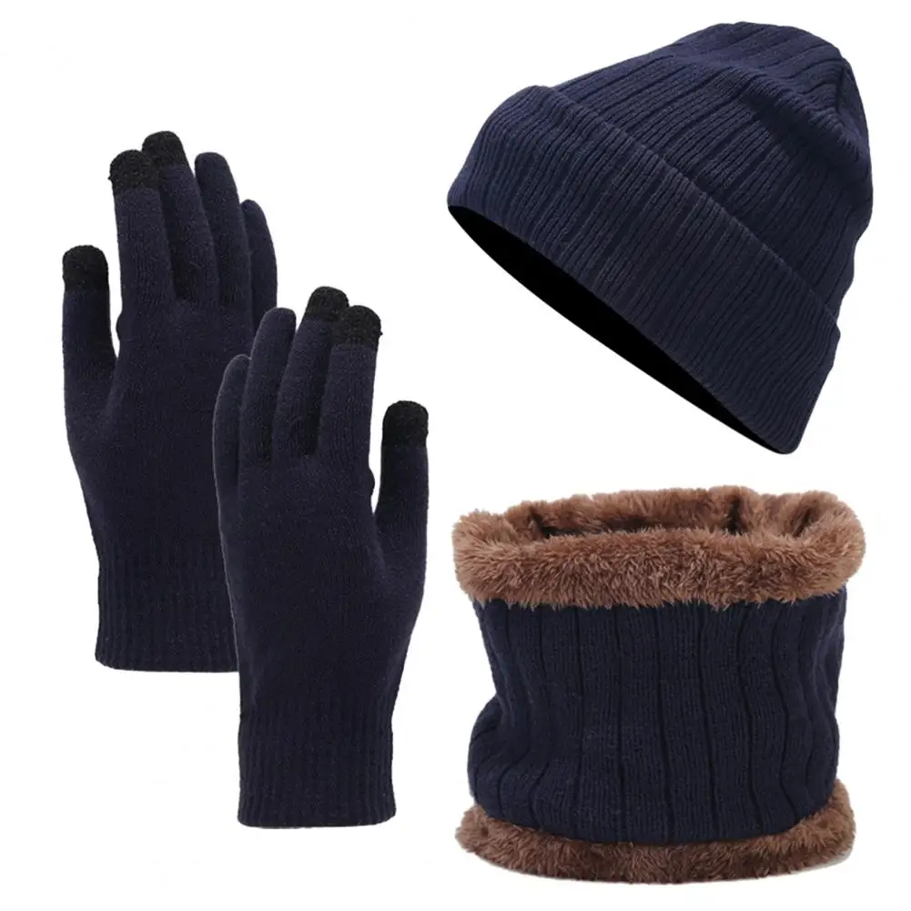 Elastic Winter Accessories Set Unisex Winter Beanie Hat Scarf Gloves Set with Warm Fleece Lining Knit for Men