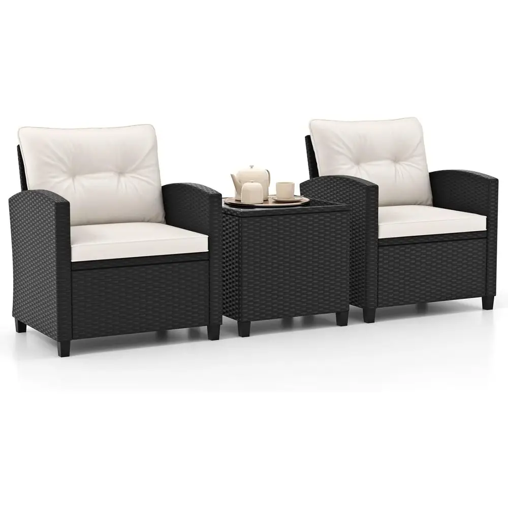 3 Pieces Wicker Patio Contion Set, PE Rattan Bistro Soa Set with Tempered Glass Coee Table, Washable Cushions, Outdoor urniture