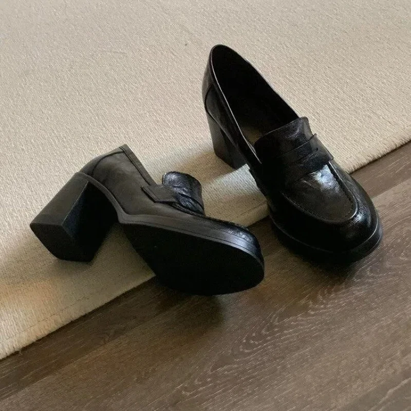 

Elegant Block Heel PU Leather Loafers In Sand Comfortable Soft Leather Ankle Shoes Pumps Party Dress Unique Designer