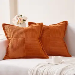 Fall Broadside Throw Pillow Cover with Splicing 18x18 Super Soft Corduroy Couch Pillow Covers Decorative Orange Throw Pillows
