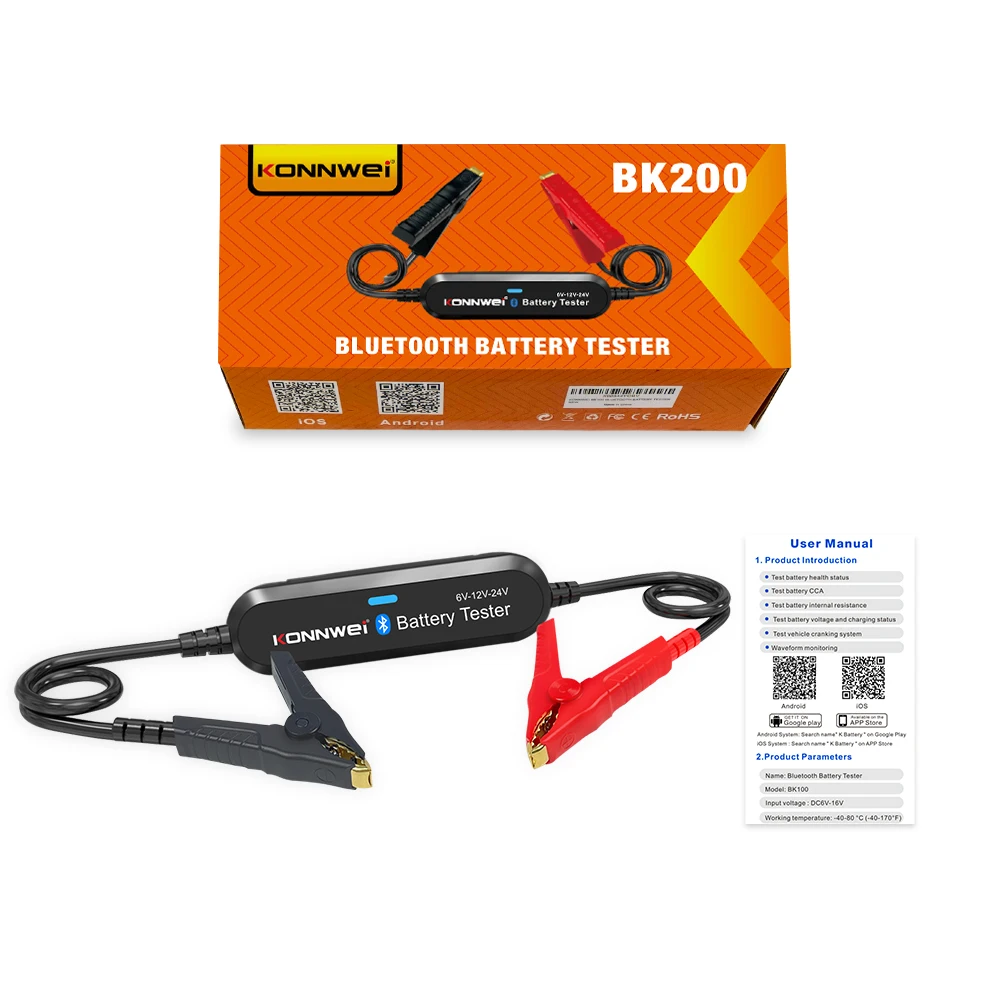 

2026 KONNWEI BK200 Bluetooth 5,0 тестер аккумулятора для автомобиля, мотоцикла, грузовика, 6 В, 12 В, 24 В, анализатор аккумулятора 2000 CCA, зарядка, разрешение