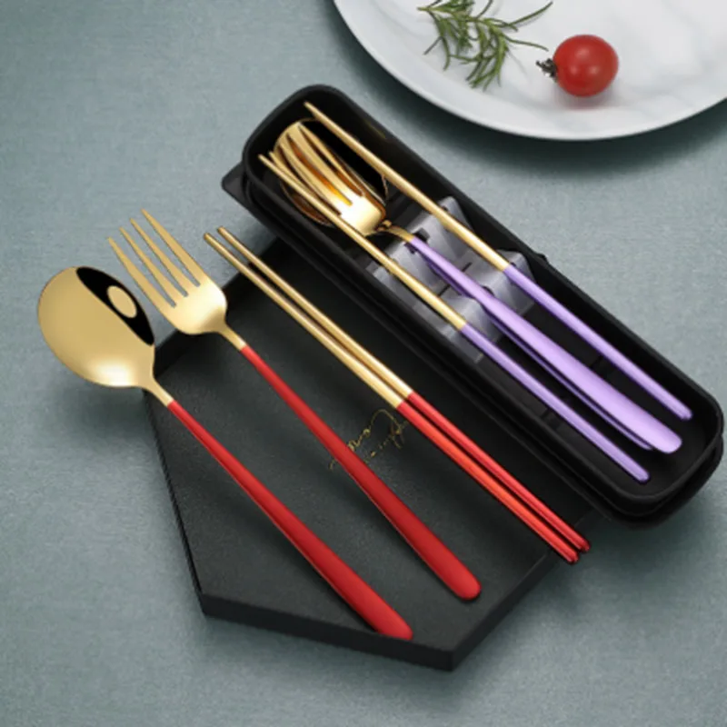 

304 Stainless Steel Portable Gift Cutlery Set Korean Cutlery, Fork, Spoon, Chopsticks Four-piece Set Portable Utensil Case