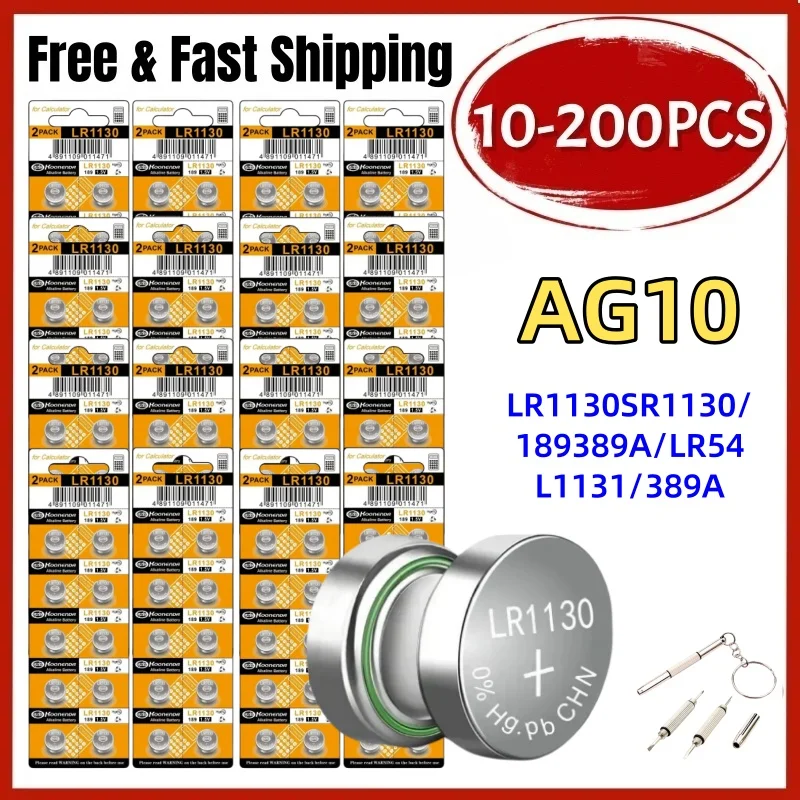 

10-200Pcs AG10 LR1130 Button Cell Coin Batteries 389A LR54 L1131 SR1130 1.55v High Capacity Battery for Watches Calculators