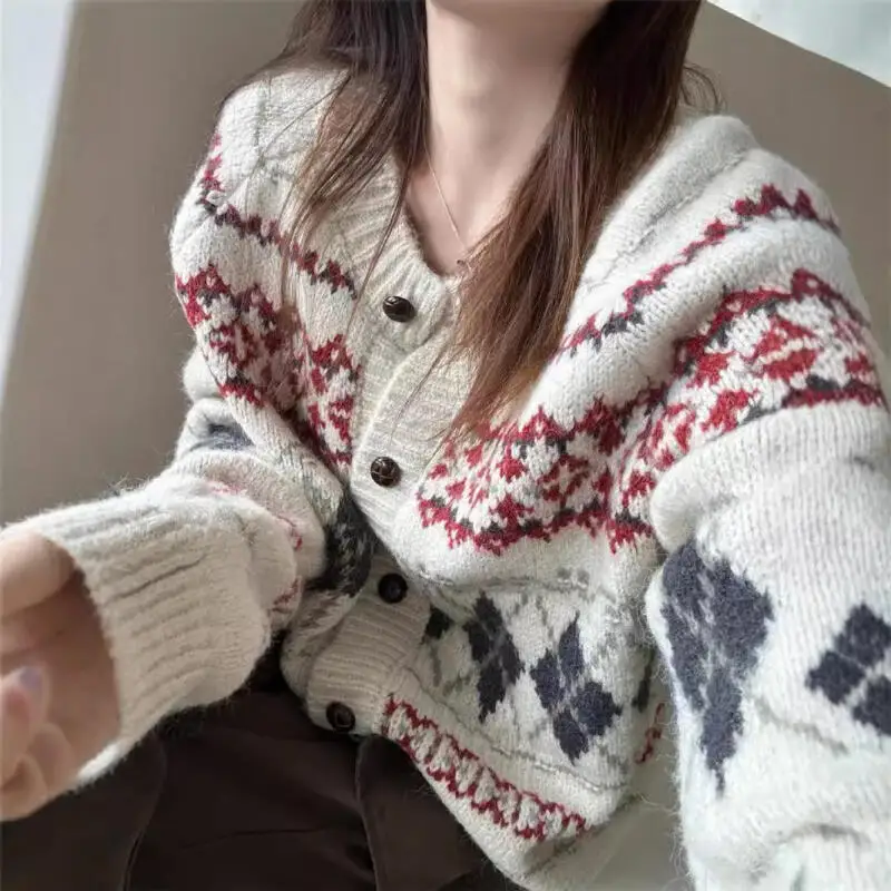 

Girl's Sweater Pullover Women's Knitted Cardigan Hooded Autumn Winter Korean Style Retro Diamond Grid Zipper Knitwear Coat Top