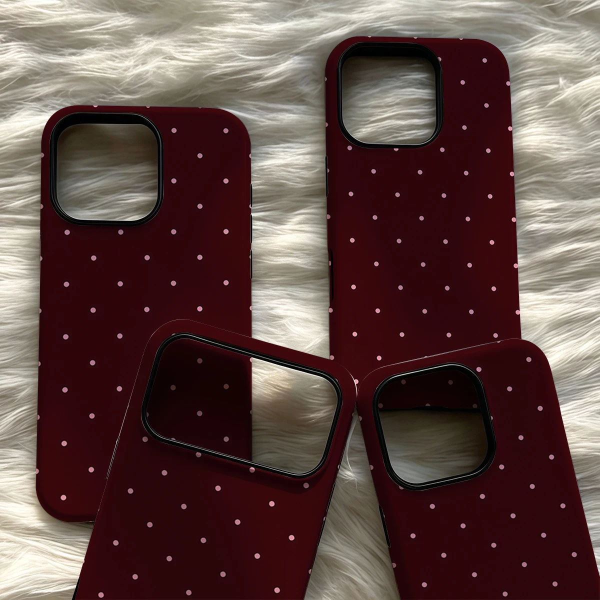 IPhone18 Must-Haves Handyhülle für IPhone 18 17 16 15 14 13 12 Pro Max Plus Doppelschichtige Rückseite Burgunderrote Polka-Dots-Hülle