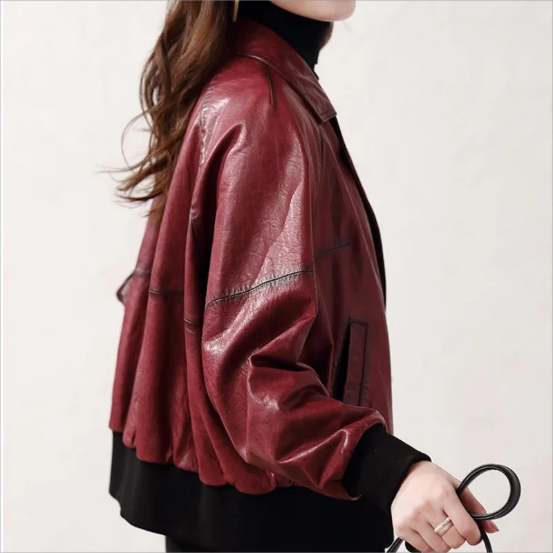 Women\'s Leather Jacket Suit Collar Double Breasted Burgundy Oil Wax Cow Leather Baseball Uniform Short Coat Giacca Pelle Donna