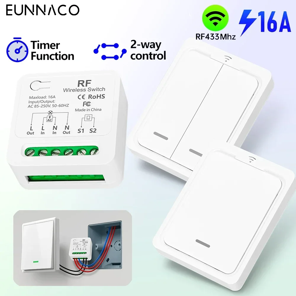 RF433Mhz Wireless Remote Control Light Switch 2Way Control 110V 220V 230V 16A Mini Receiver Wireless Wall Panel Timing Function