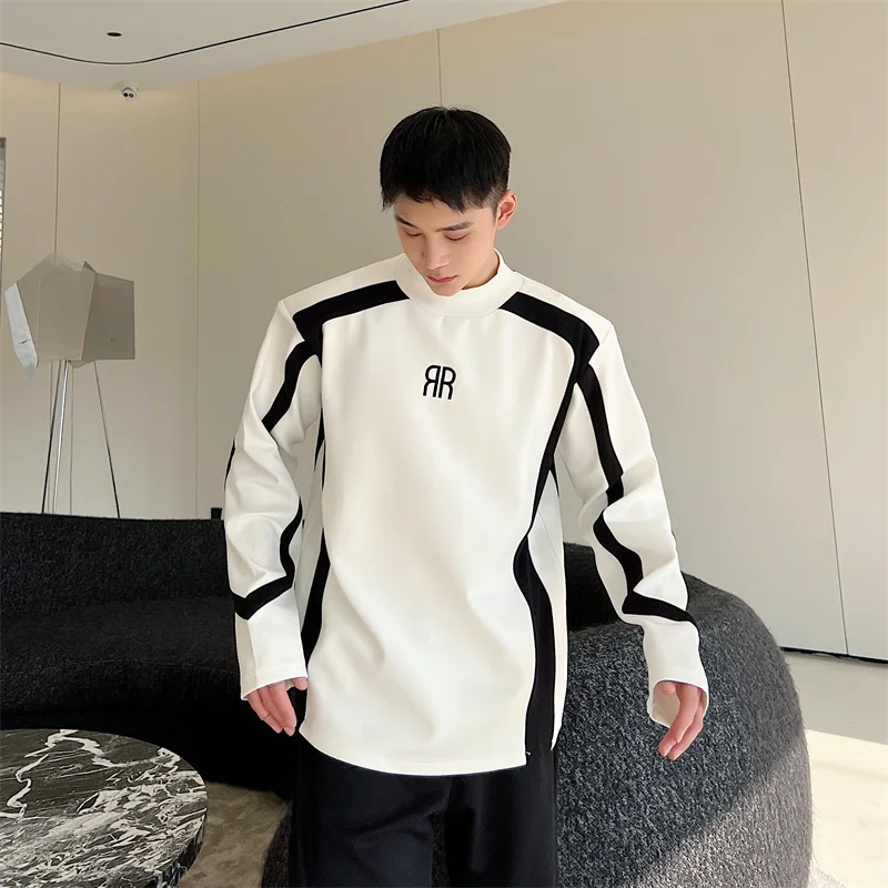 

Мужская толстовка с высоким воротником и контрастной строчкой, весна 2025, белая, структурный дизайн, базовый слой, молодежная повседневная одежда