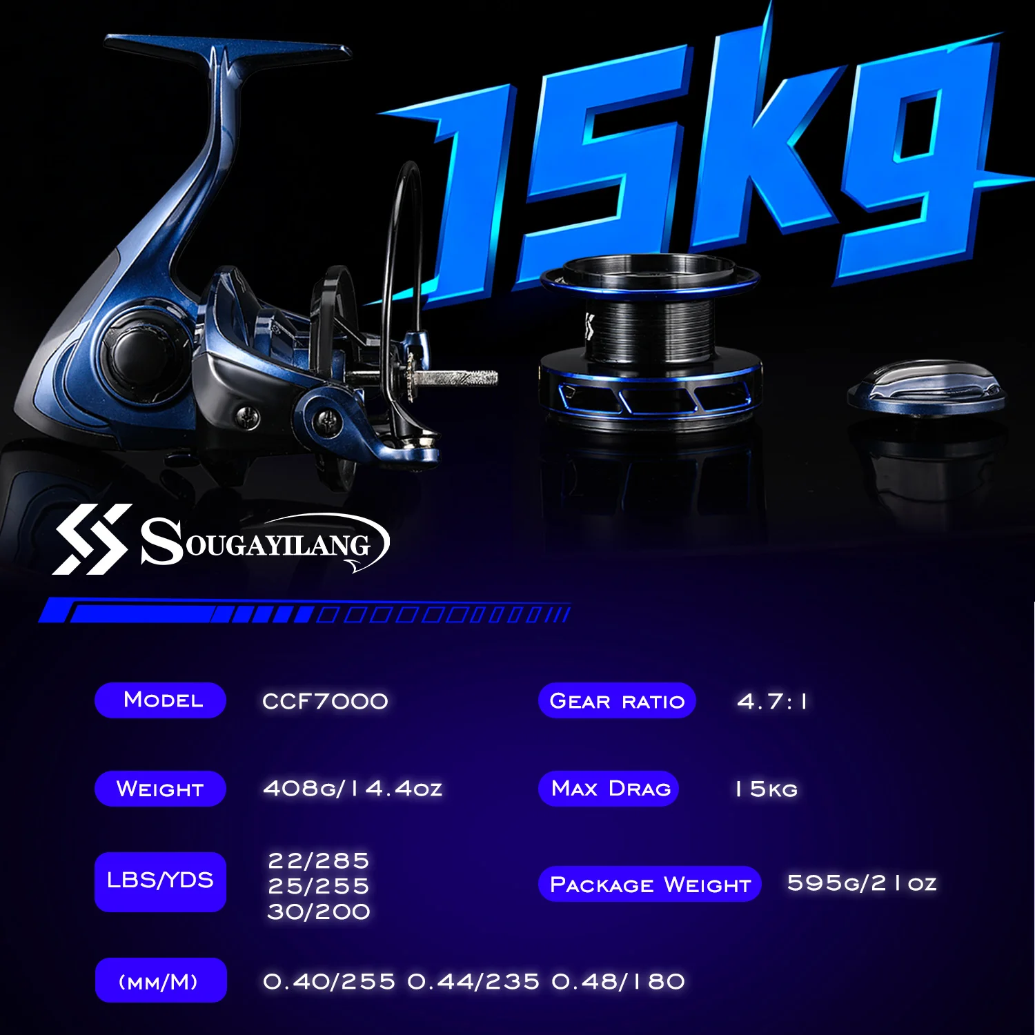 Carrete surfcasting Sougayilang CCF7000 – Metal CNC con relación 4.7:1