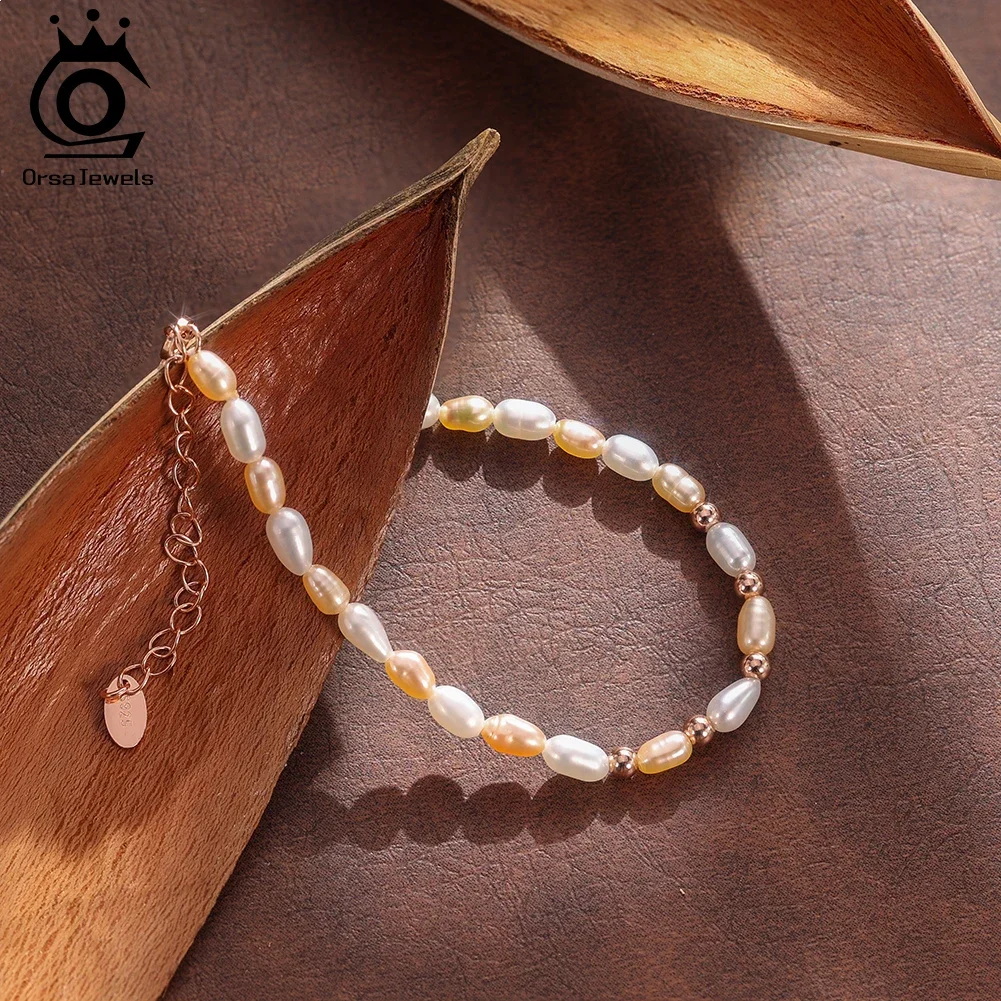 

ORSA JEWELS S925 Silver Natural Freshwater Rice Pearl Bracelet Rose Gold Adjustable Chain Link Bracelets for Women Jewelry GPB50