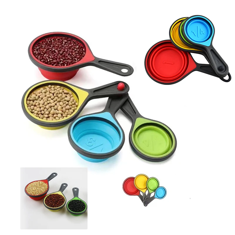 Tasse à mesurer pliante rétractable en silicone, cuillère à mesurer, ensemble de qualité alimentaire, cuisson, café, sucre, outils de cuisson, 4 pièces