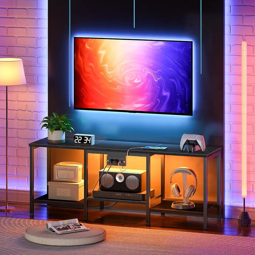 

Tv Stand With Charging Station To 55 Hes, Led Entertainment Center, Media Tv Console Table With Open Storage Shelving For