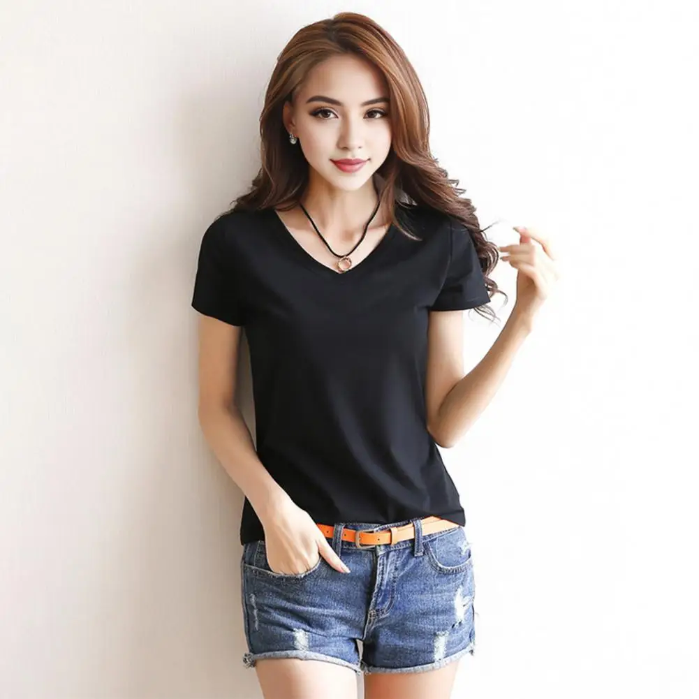 Women T-shirt Stylish Women's V-neck Summer T-shirt Slim Fit Solid Color Pullover Tops for Streetwear Fashionistas Regular Fit