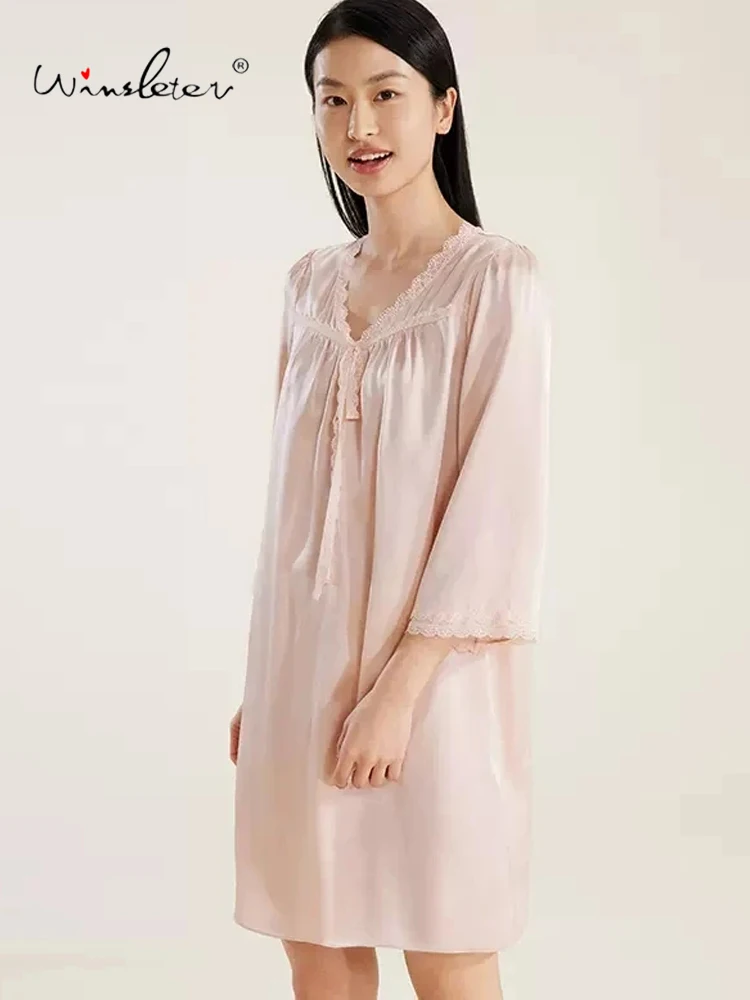 Women's Solid Long Sleeve,French Lace V-Neck Elegant Home Wear,100%Mulberry Silk Pajama Dress,2024 Spring P41895QC