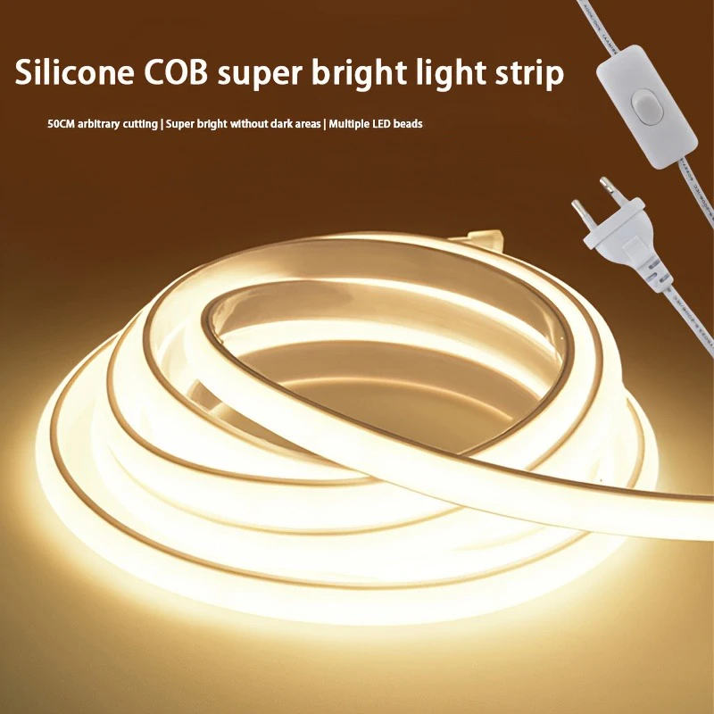 

High Brightness 220V COB LED Tape Waterproof COB LED Strip with ON-OFF Switch Flexible Ribbon for Room Kitchen Outdoor Lighting